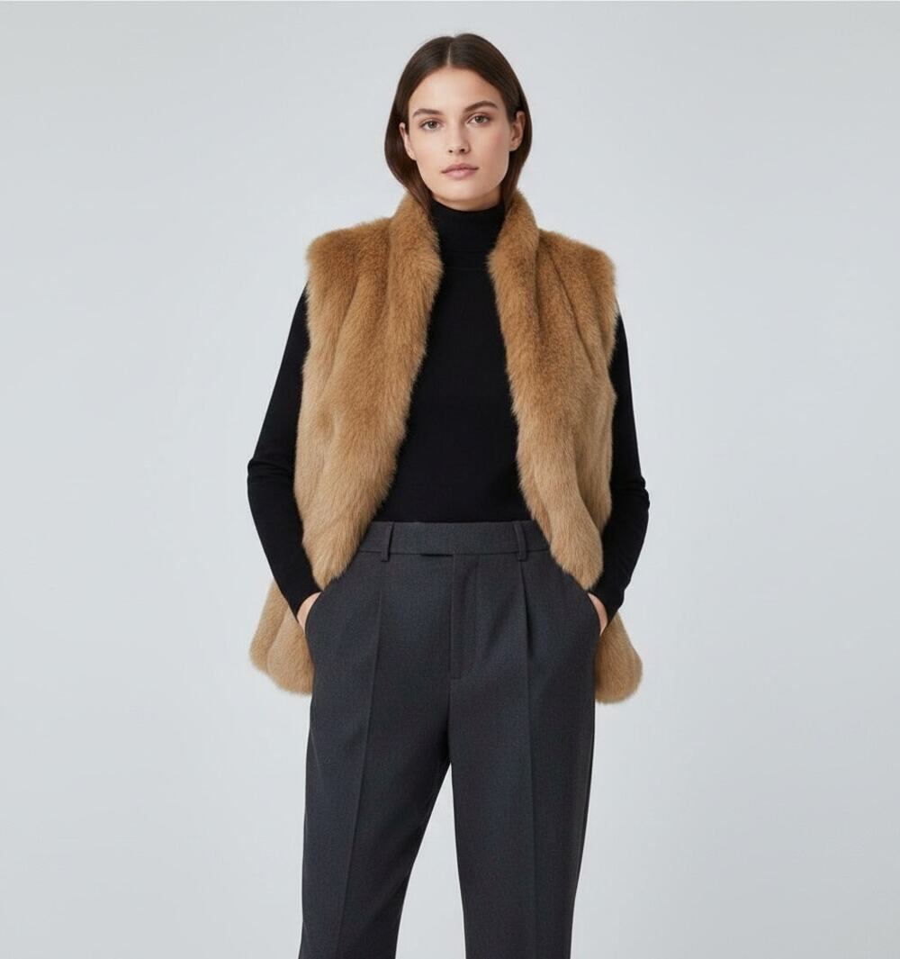 Banana Republic Brown Faux Fur Shaggy Vest Open Front Pockets M